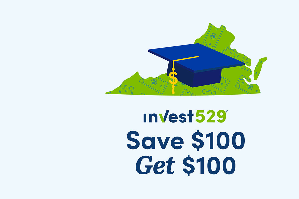 Outline of Virginia with a college graduate cap over it; words say Invest529, Save $100 Get $100